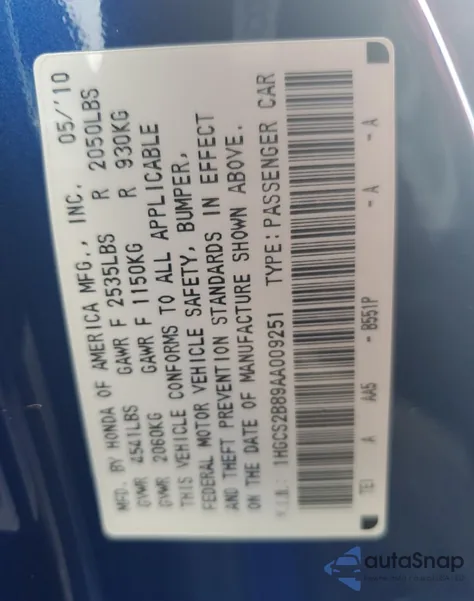 2010 Honda Accord Exl from USA, damaged, VIN 1HGCS2B89AA009251